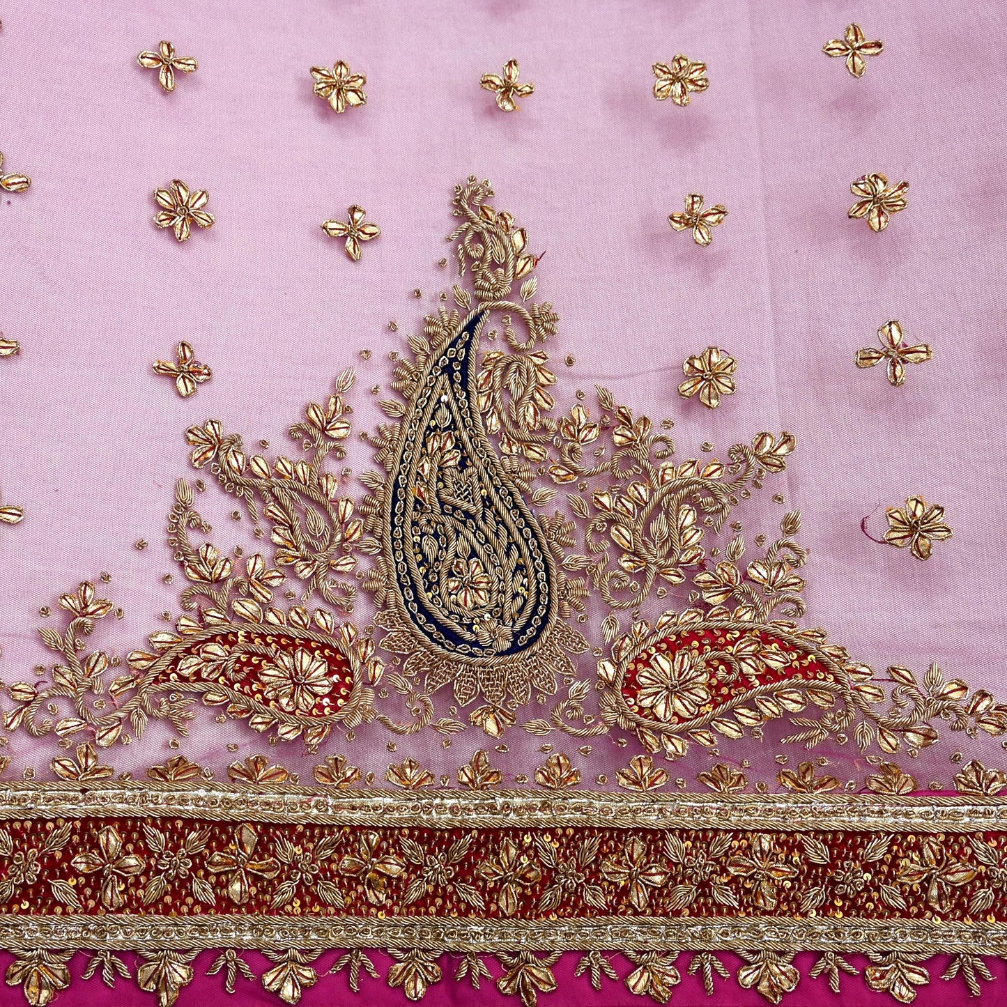 Indian Vintage Heavy Bridal Pink Dupatta Net Mesh Long Stole Hand Embroidered Scarves Golden Zardozi Dabka Zari Sequins Wedding Veil Hijab