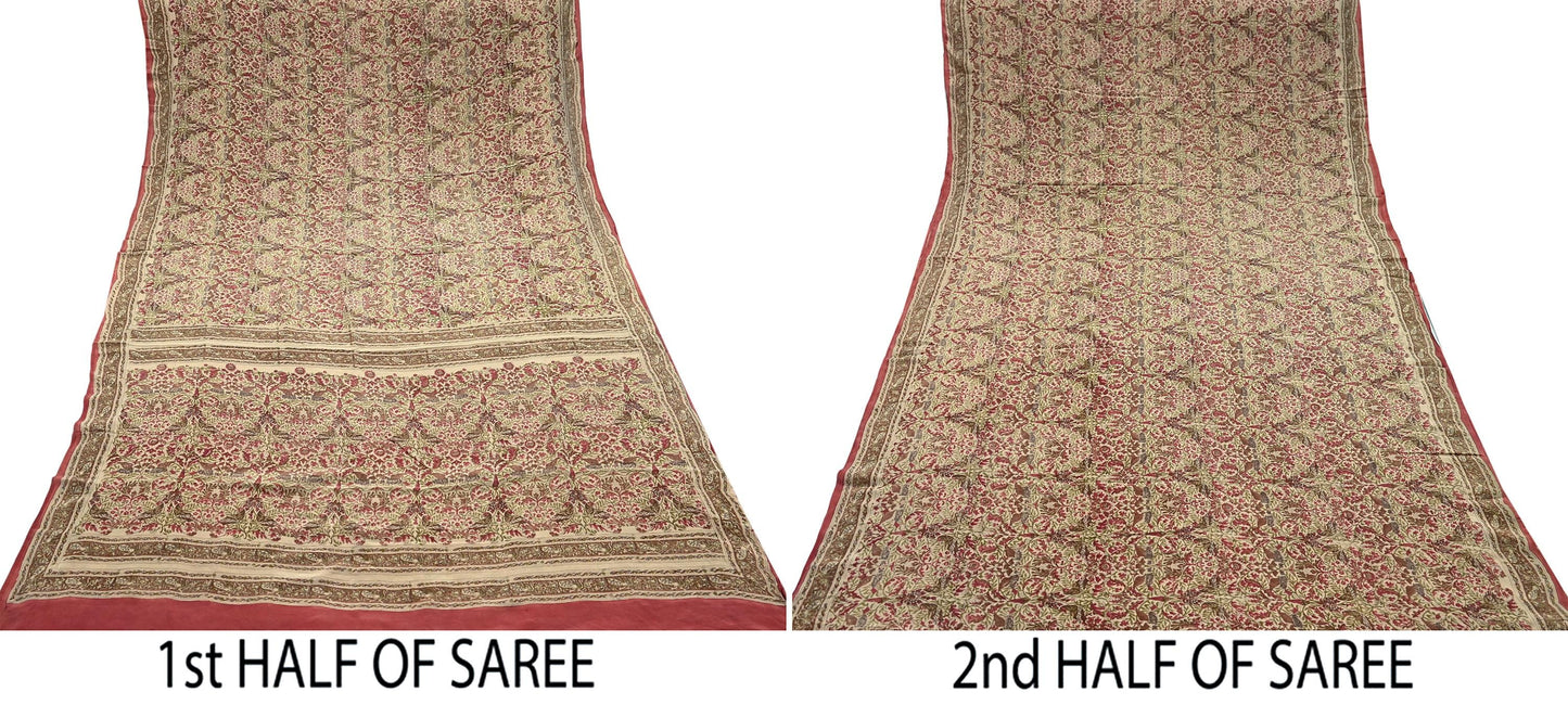 Indian Vintage Pink & beige Pure Crepe Silk Saree Floral Print 5 Yards Soft Sewing Fabric for Dressmaking, Quilting, Crafting Upcycling