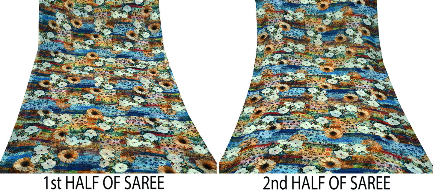 Indian Vintage Sari Multi 100% Pure Georgette Silk Printed Sarees Sewing 5yd Craft Soft Dress Designing for Crafting Abstract