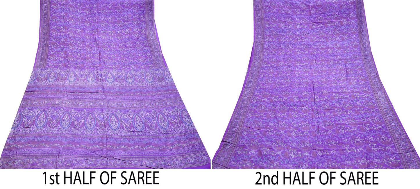 Indian Vintage Purple Pure Silk Printed Saree | 5 Yards | Soft Floral Fabric for Dressmaking, Quilting, Crafting, Sewing & Upcycling