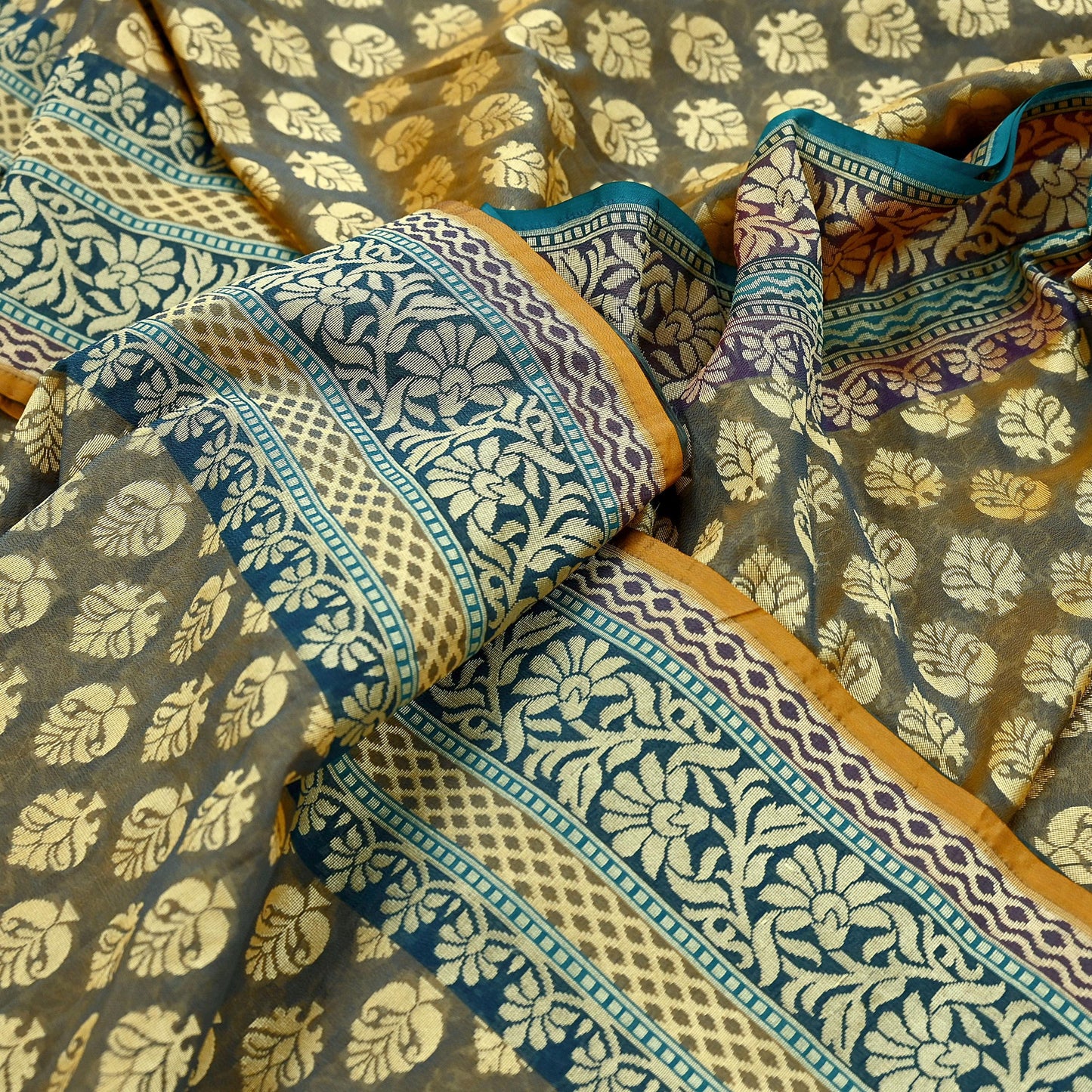 Indian Vintage Heavy Beige & Green Hand Woven Saree 100% Pure Silk Sari 5Yard Floral Dress making Crafting Quilting Upcycle