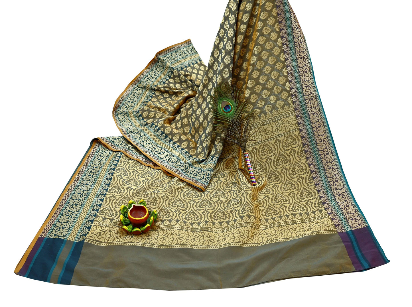 Indian Vintage Heavy Beige & Green Hand Woven Saree 100% Pure Silk Sari 5Yard Floral Dress making Crafting Quilting Upcycle