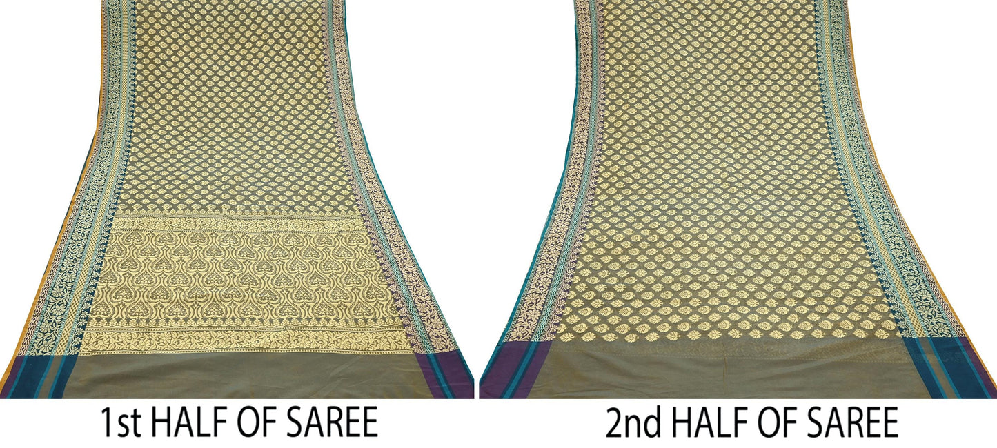 Indian Vintage Heavy Beige & Green Hand Woven Saree 100% Pure Silk Sari 5Yard Floral Dress making Crafting Quilting Upcycle