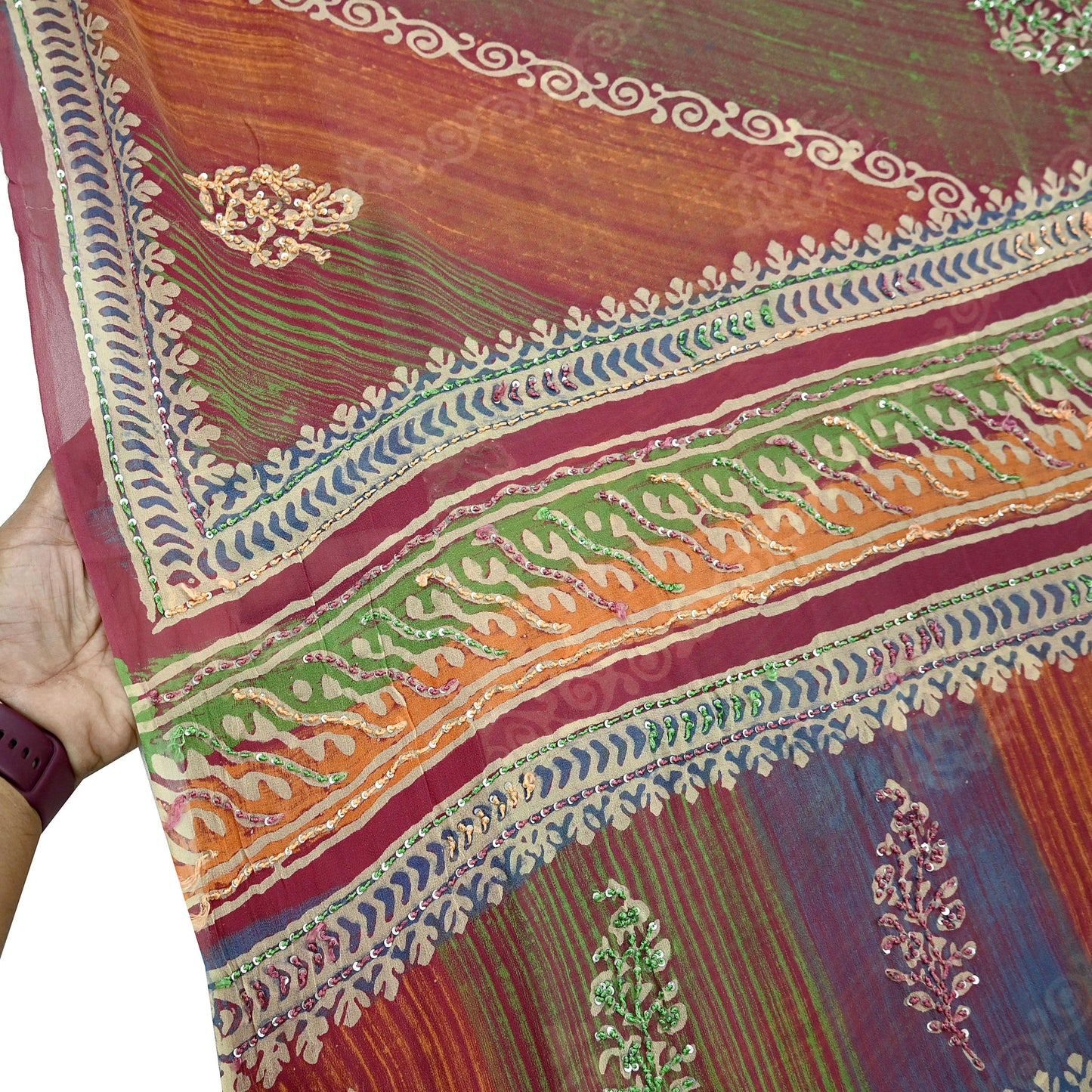 Indian Vintage Sari Multi Hand Embroidered 100% Pure Georgette Silk Saree Craft Fabric 5Yd Ethnic Soft Dress making For Crafting Quilting