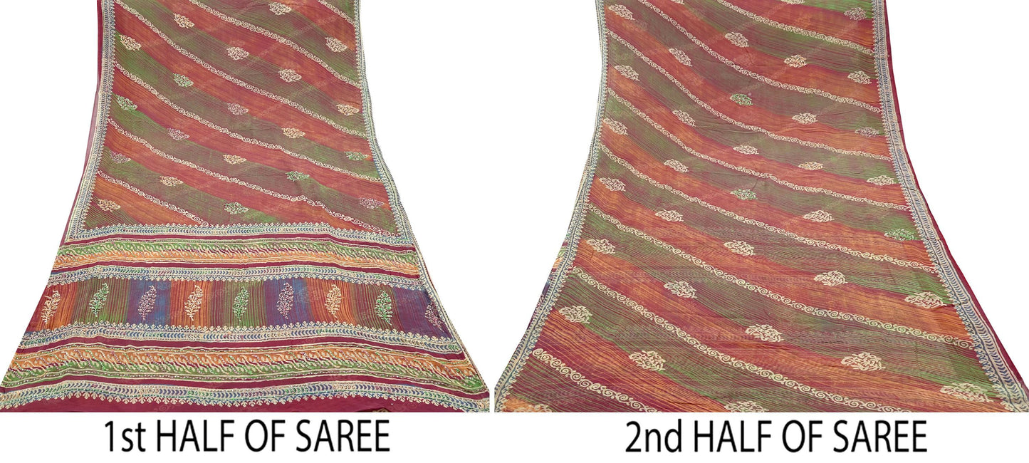 Indian Vintage Sari Multi Hand Embroidered 100% Pure Georgette Silk Saree Craft Fabric 5Yd Ethnic Soft Dress making For Crafting Quilting
