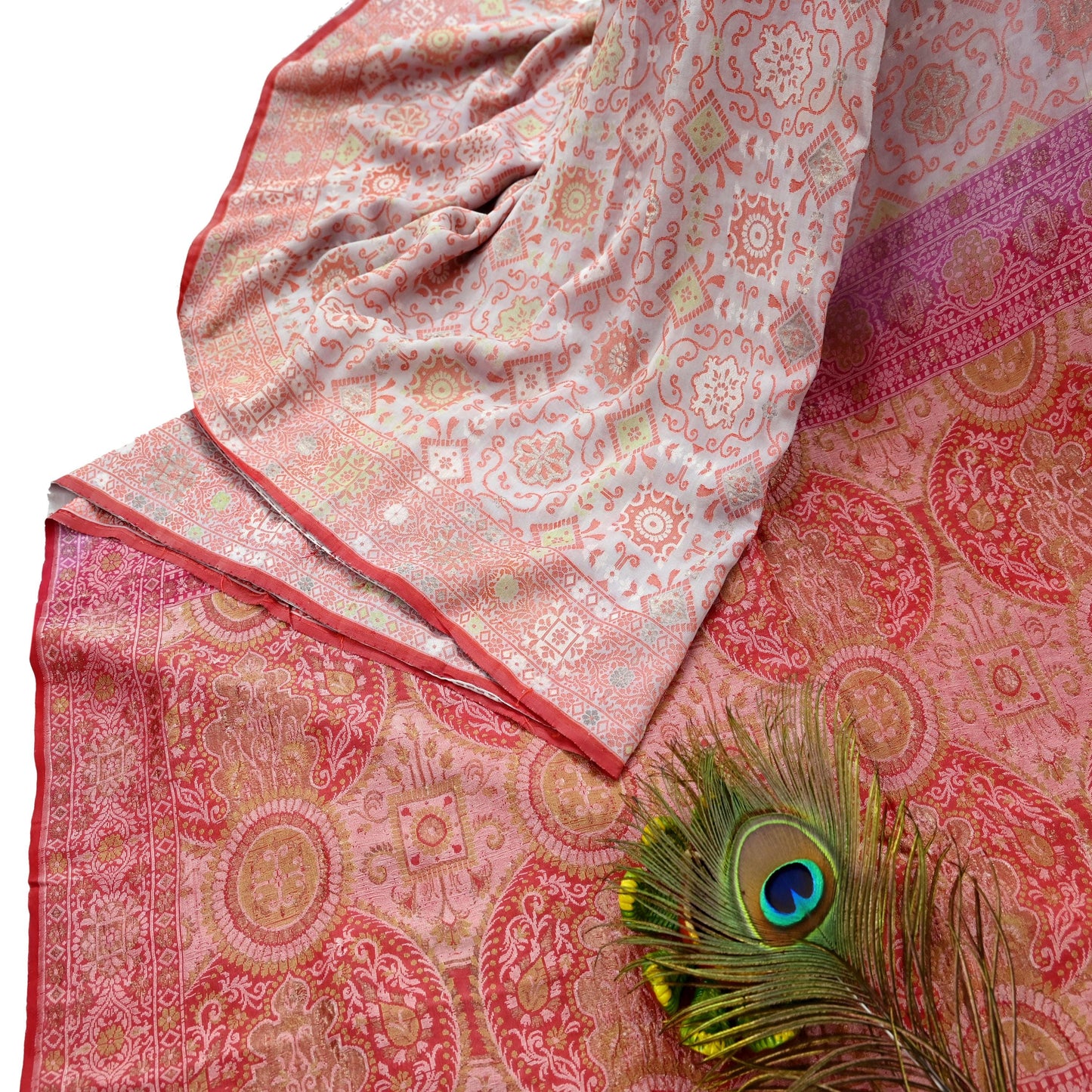 Indian Vintage Sari Peach & Cream 100% Pure Silk Hand Woven Sarees Craft Fabric 5Yd Ethnic Sewing Dress making Crafting Quilting Upcycle