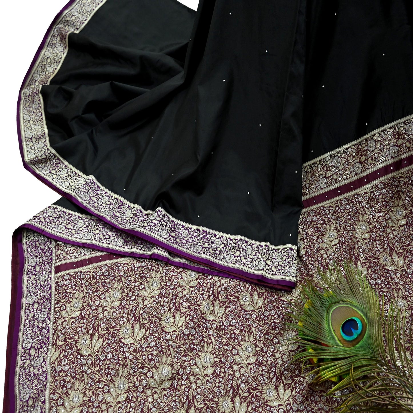 Indian Vintage Sari Purple & Black Mysore Silk Woven Saree Zari Border 5 Yards Soft Craft Fabric Upcycle, Quilting, Dressmaking