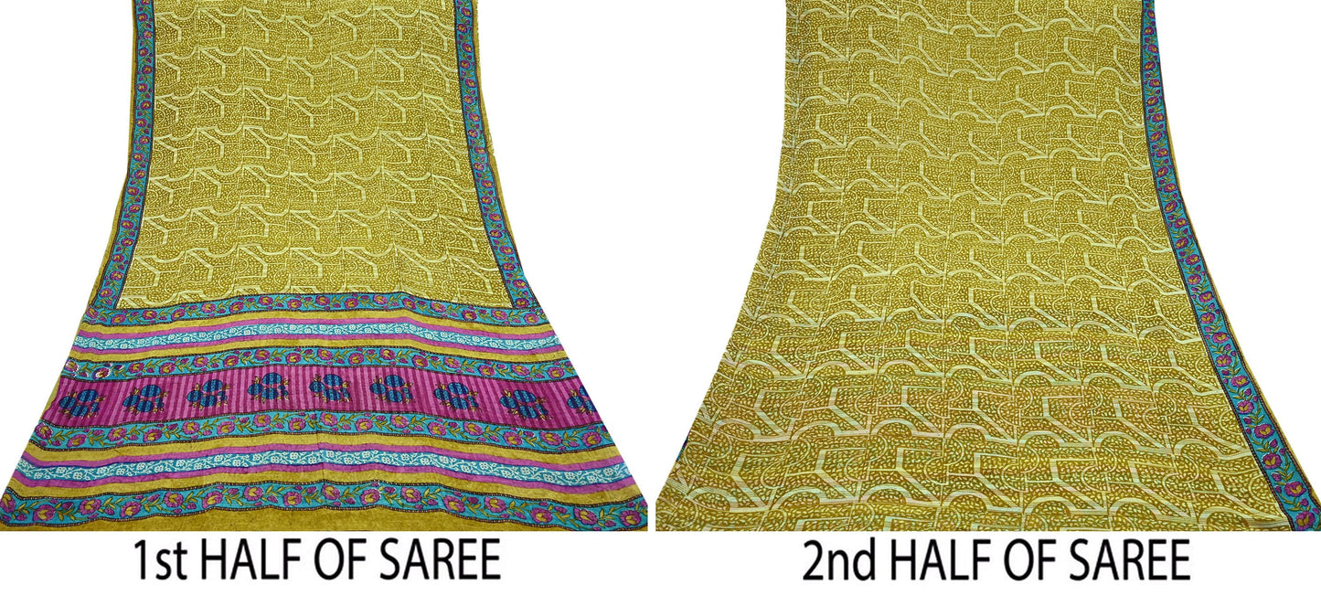 Indian Vintage Sari Green & Purple Pure Georgette Silk Printed Sarees 5Yd Craft Fabric Sewing Quilting Dress making Crafting Dress Designing
