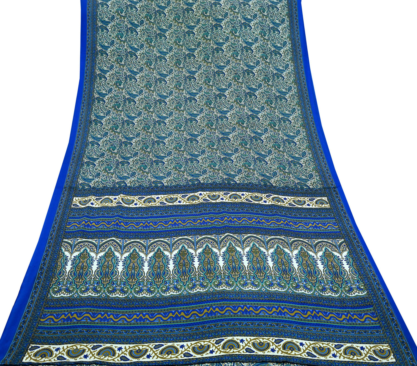 Indian Vintage Blue & White Moss Crepe Saree Printed Floral Sari Fabric 5 Yards Soft Fabric for Sewing, Dressmaking, Quilting,Upcycling