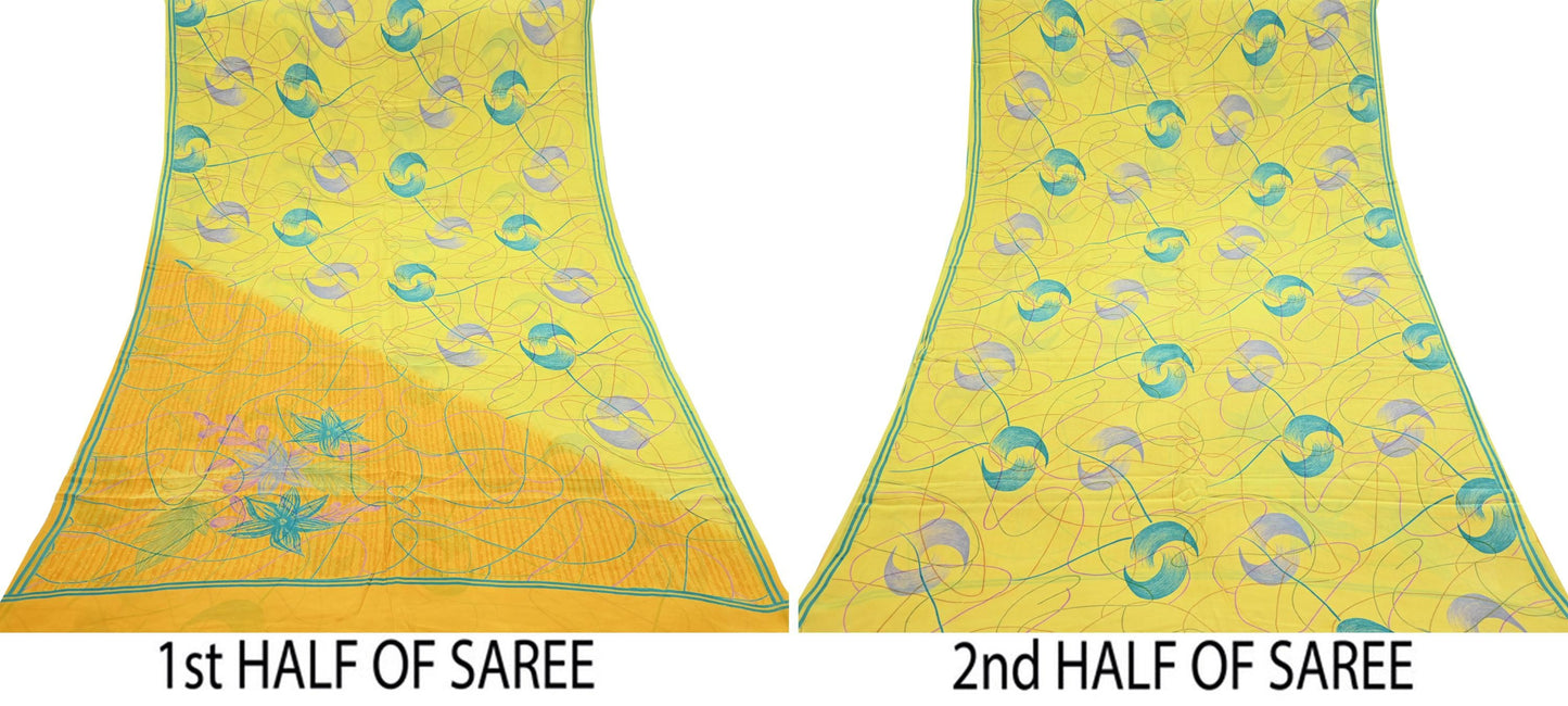 Indian Vintage Sari Yellow & Saffron Pure Crepe Silk Printed Saree 5yard Sewing Floral Craft Fabric Wrap