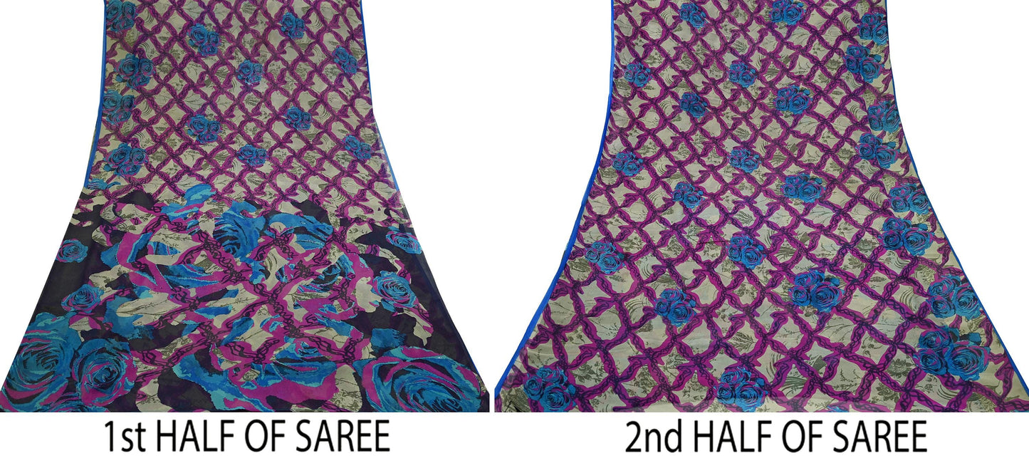 Women Vintage Sari Multi Pure Georgette Silk Printed Saree Craft Fabric Sewing 5Yard Soft Light Dress Making Floral Dress making Crafting