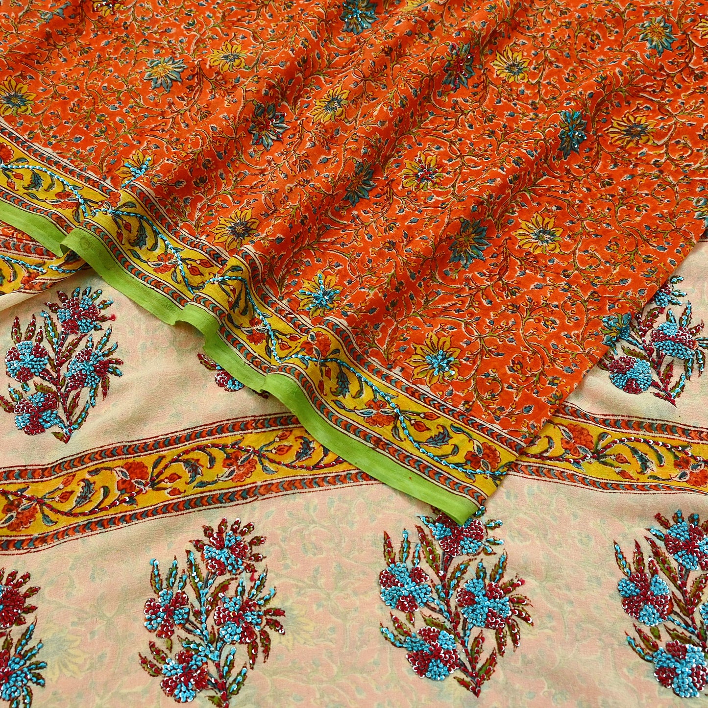 Indian Vintage Sari Hand Embroidered Printed 100% Pure Georgette Silk Saree Craft Fabric 5Yd Ethnic Soft Dress making For Crafting Quilting