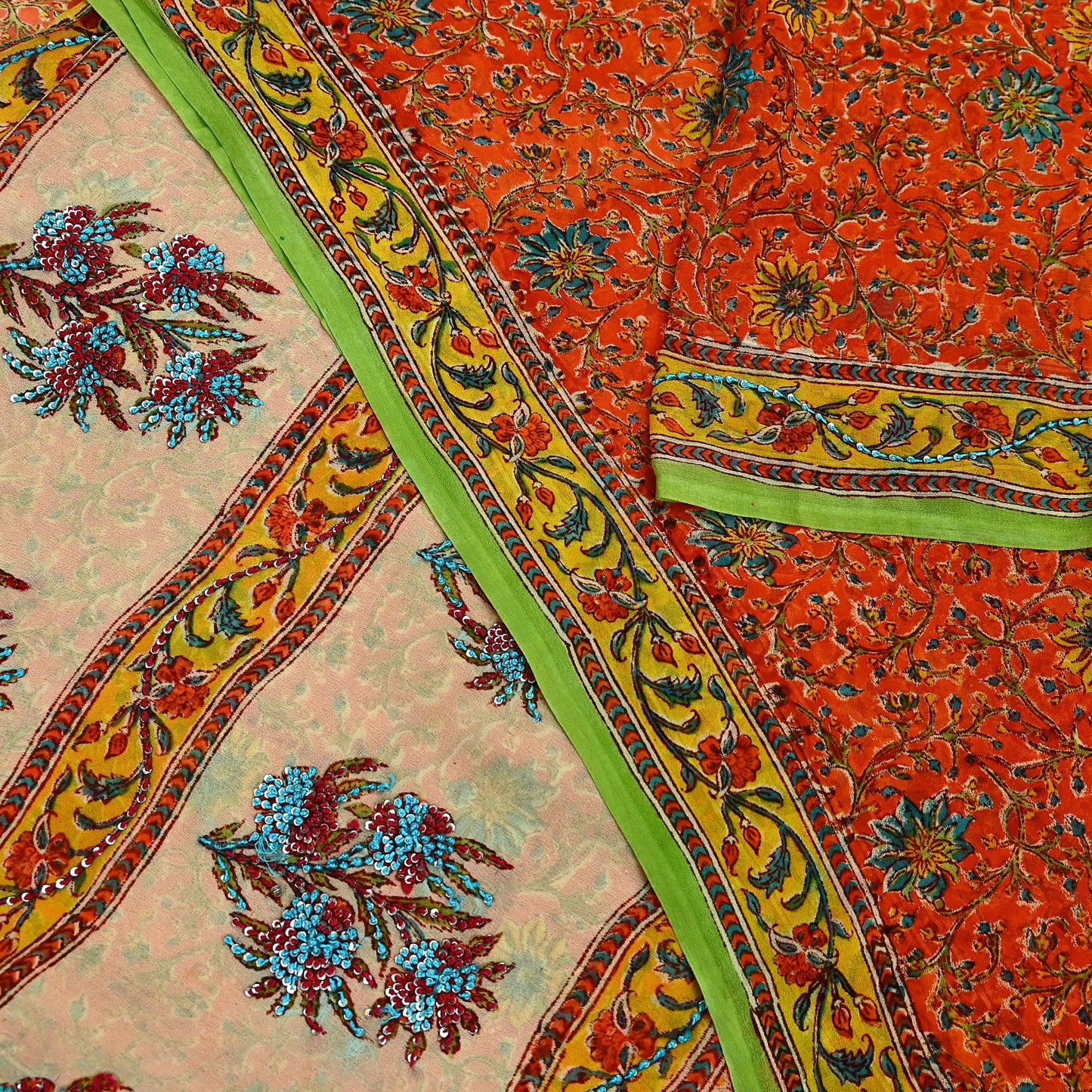 Indian Vintage Sari Hand Embroidered Printed 100% Pure Georgette Silk Saree Craft Fabric 5Yd Ethnic Soft Dress making For Crafting Quilting