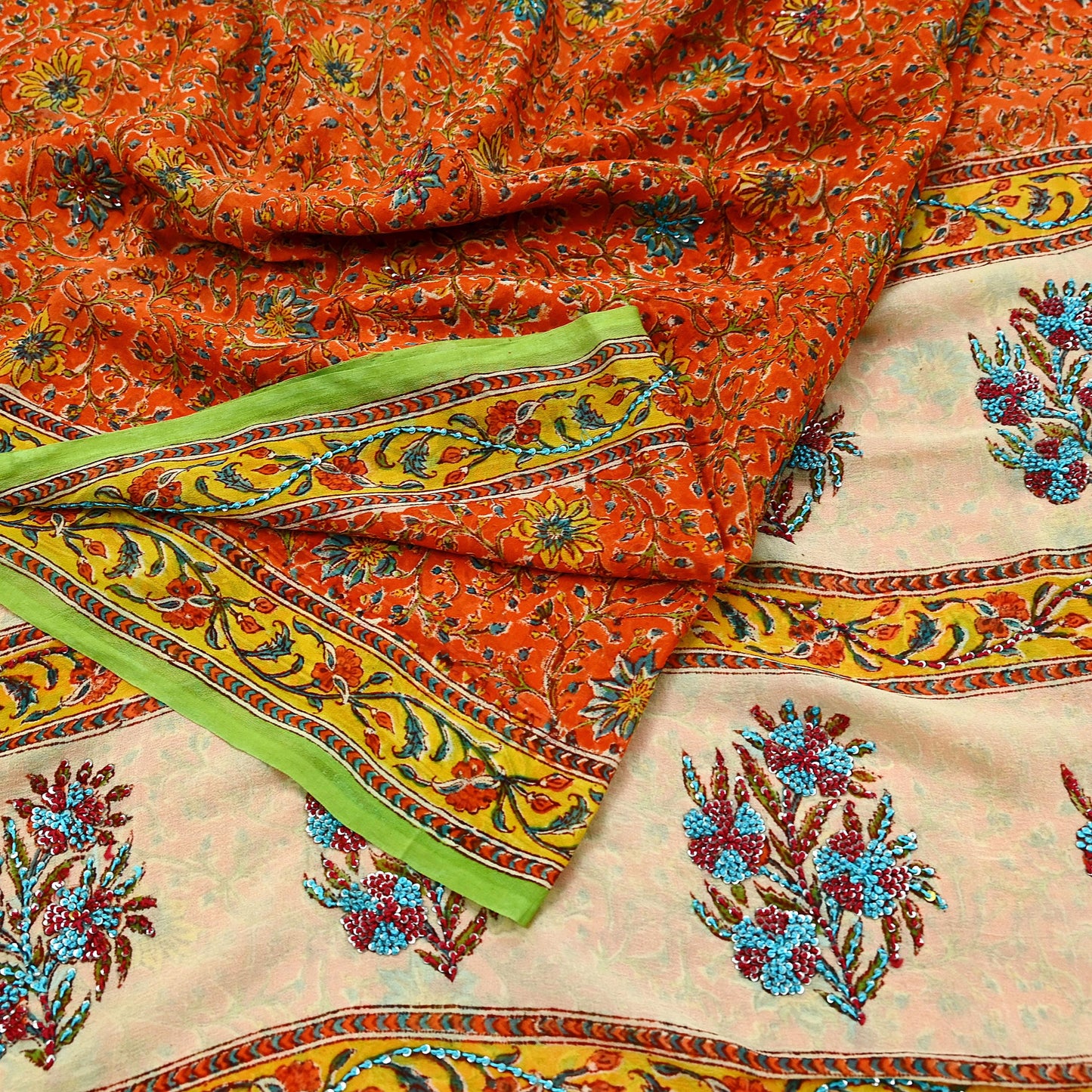 Indian Vintage Sari Hand Embroidered Printed 100% Pure Georgette Silk Saree Craft Fabric 5Yd Ethnic Soft Dress making For Crafting Quilting