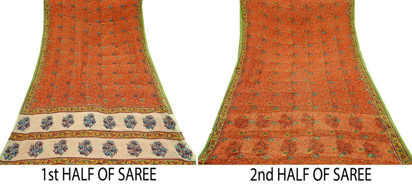 Indian Vintage Sari Hand Embroidered Printed 100% Pure Georgette Silk Saree Craft Fabric 5Yd Ethnic Soft Dress making For Crafting Quilting