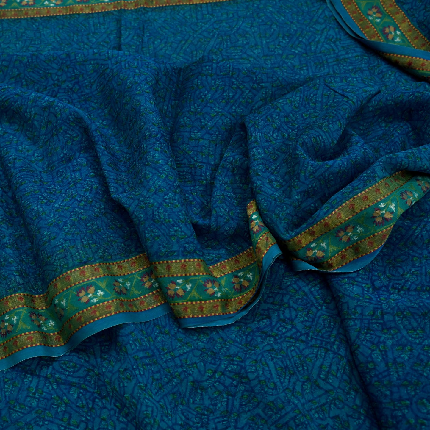 Women Vintage Sari Blue Pure Georgette Silk Printed Saree Craft Fabric Sewing 5Yard Soft Light Dress Making Floral Zari