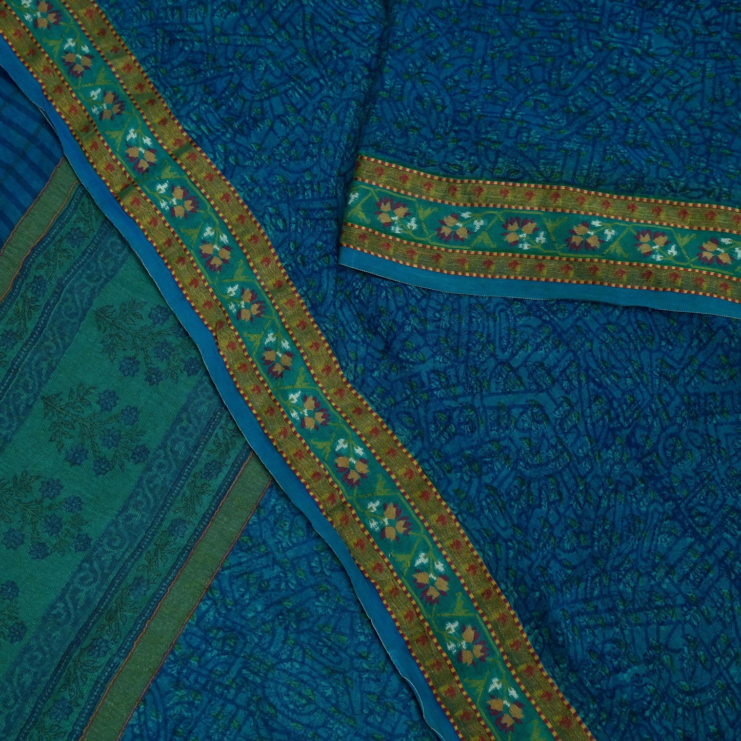 Women Vintage Sari Blue Pure Georgette Silk Printed Saree Craft Fabric Sewing 5Yard Soft Light Dress Making Floral Zari