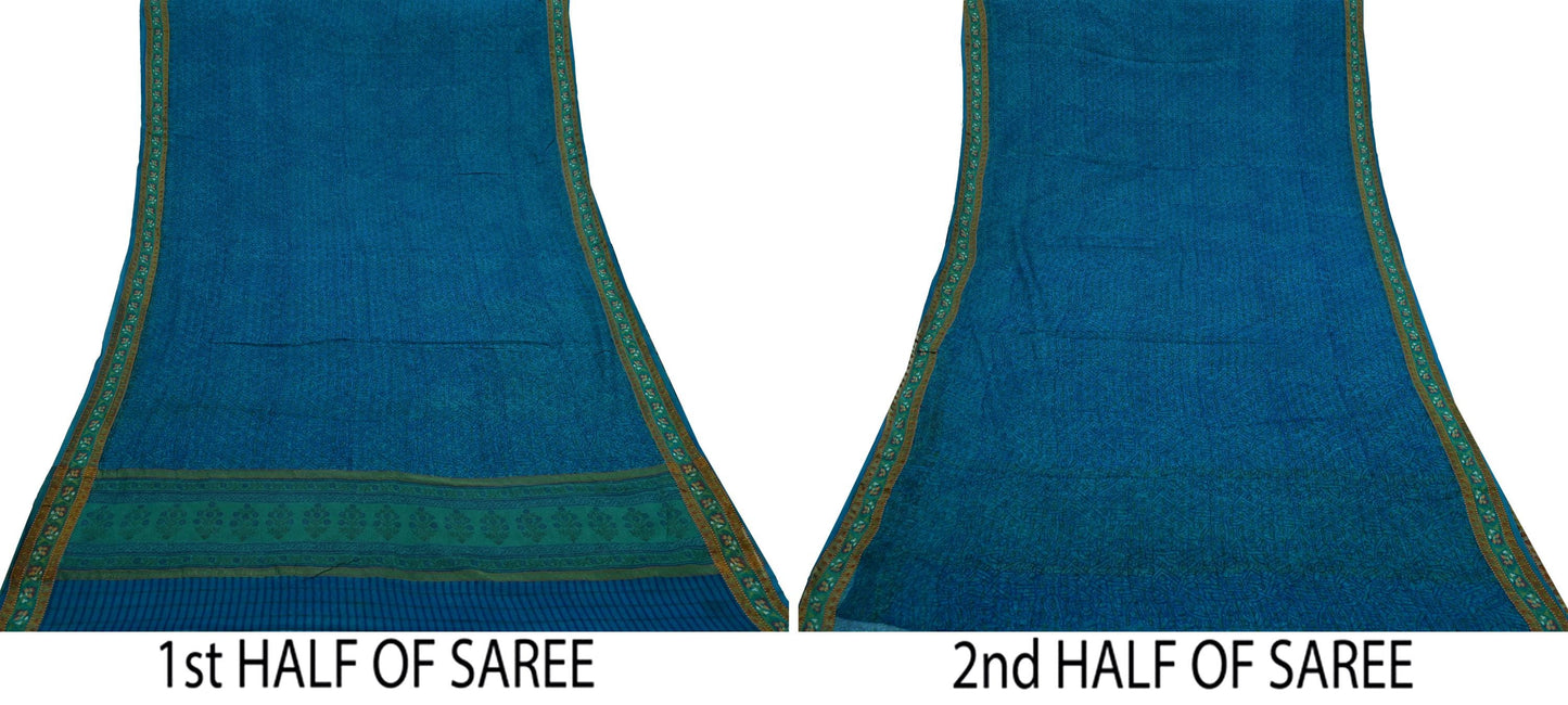 Women Vintage Sari Blue Pure Georgette Silk Printed Saree Craft Fabric Sewing 5Yard Soft Light Dress Making Floral Zari
