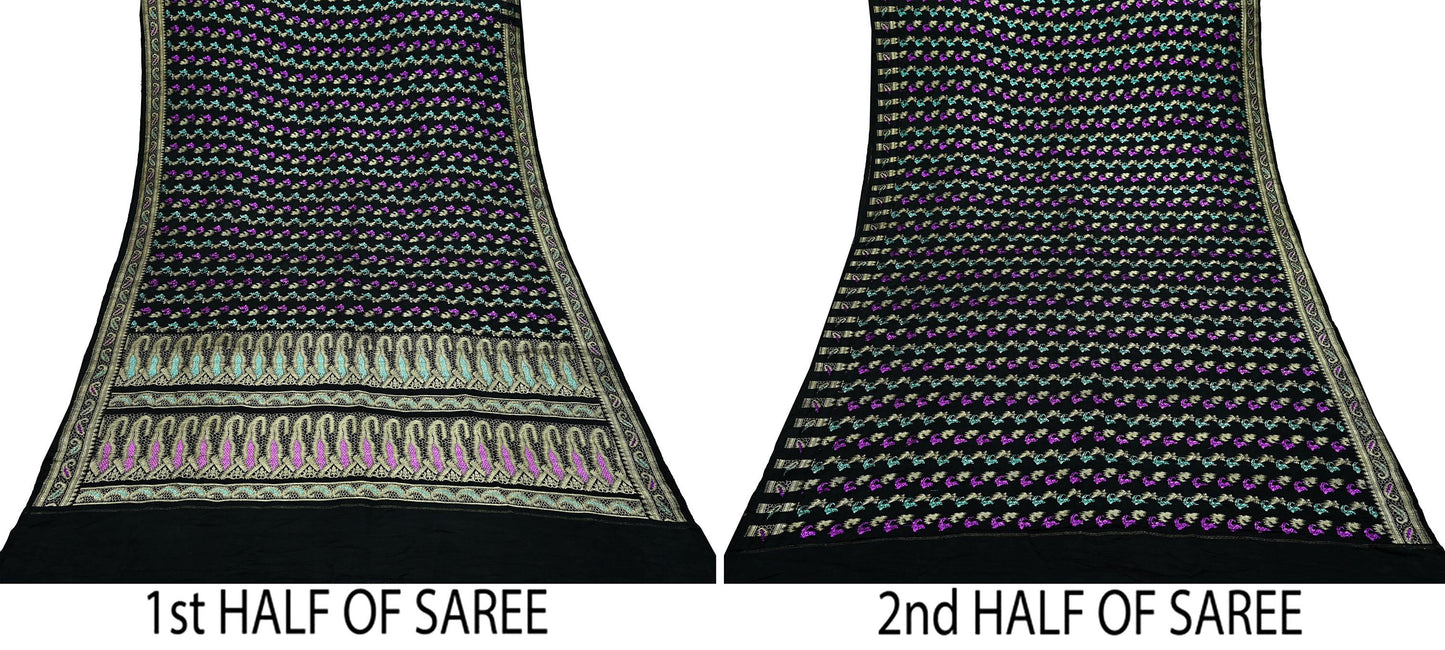 Indian Vintage Sari Heavy Black Pure Satin Silk Brocade Banarasi Sarees Zari 5Yd craft fabric dress making Crafting Upcycle