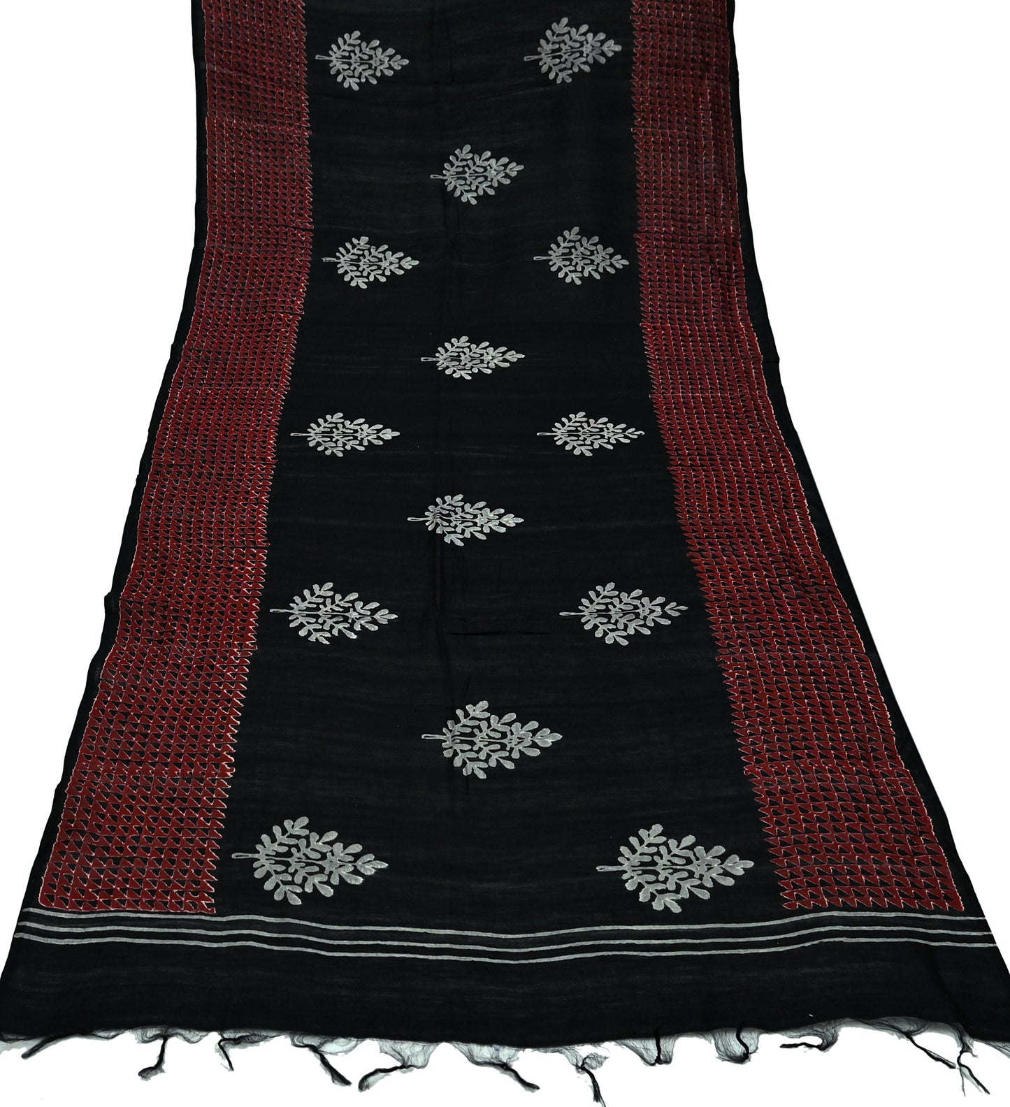 Indian Vintage Dupatta Black Long Stole Block Print Pure Chanderi Silk Scarves Veil Zari Wrap Hijab Fringes