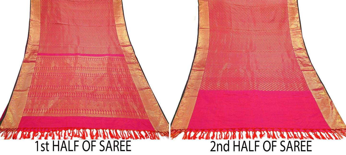 Indian Vintage Heavy Rani Pink Hand woven Kanjivaram Saree 100% Pure Silk Sari Metallic Golden Zari 5Yd Floral Crafting Dress making Fringes
