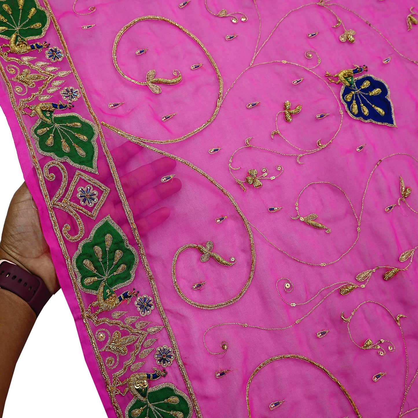 Indian Vintage Bridal Heavy Rani Pink Dupatta American Georgette Hand Embroidered Rajputi Odhani Scarves Zari Zardozi Bollywood Wedding