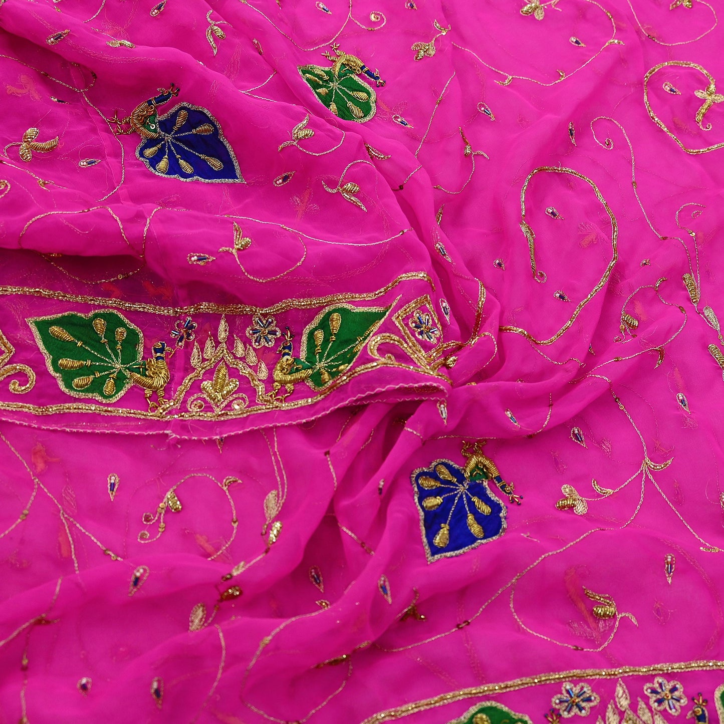 Indian Vintage Bridal Heavy Rani Pink Dupatta American Georgette Hand Embroidered Rajputi Odhani Scarves Zari Zardozi Bollywood Wedding