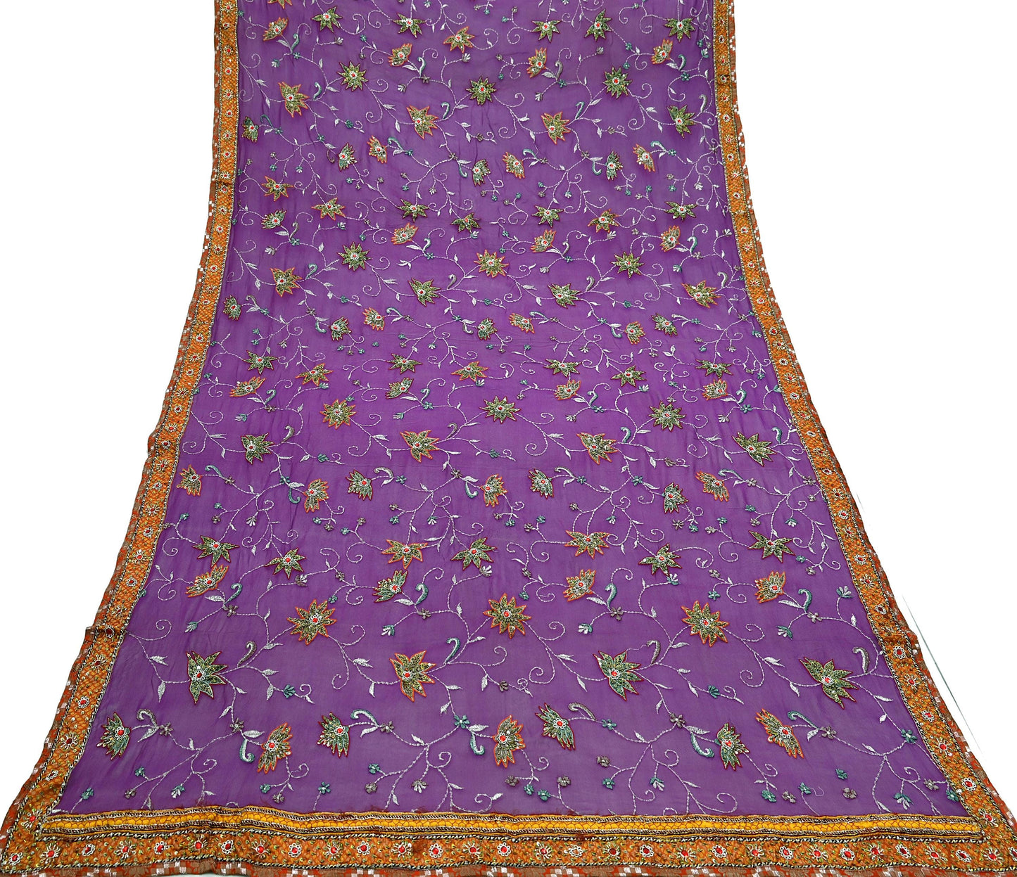 Indian Vintage Heavy Purple Dupatta Pure Georgette Silk Long Stole Hand Embroidered Scarves Zardozi