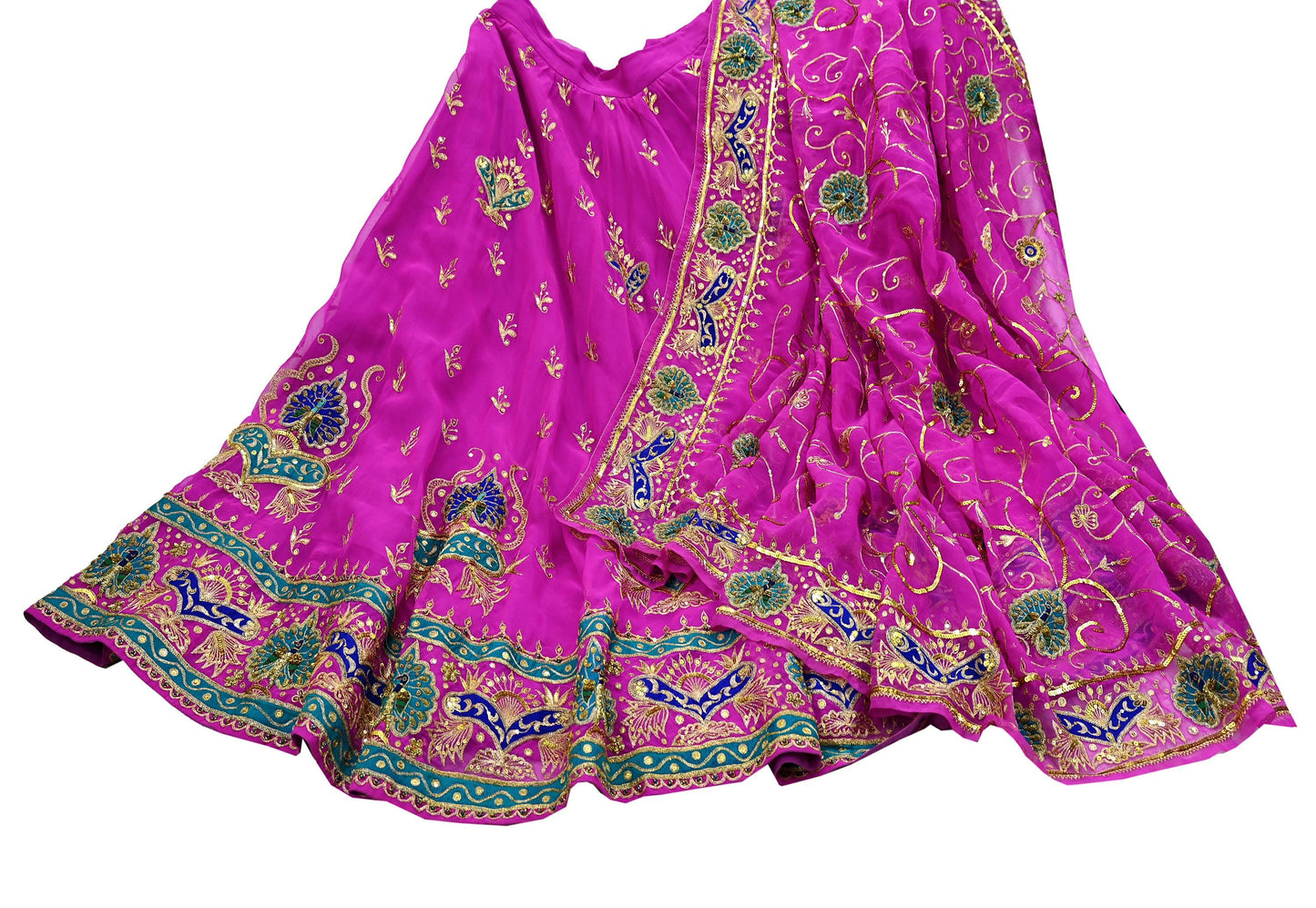 Indian Vintage Magenta American Georgette Hand Embroidered Rajputi Phoshak Lehenga/Dupatta 2pcs Set Bridal Party Wear Peacock Design Zari