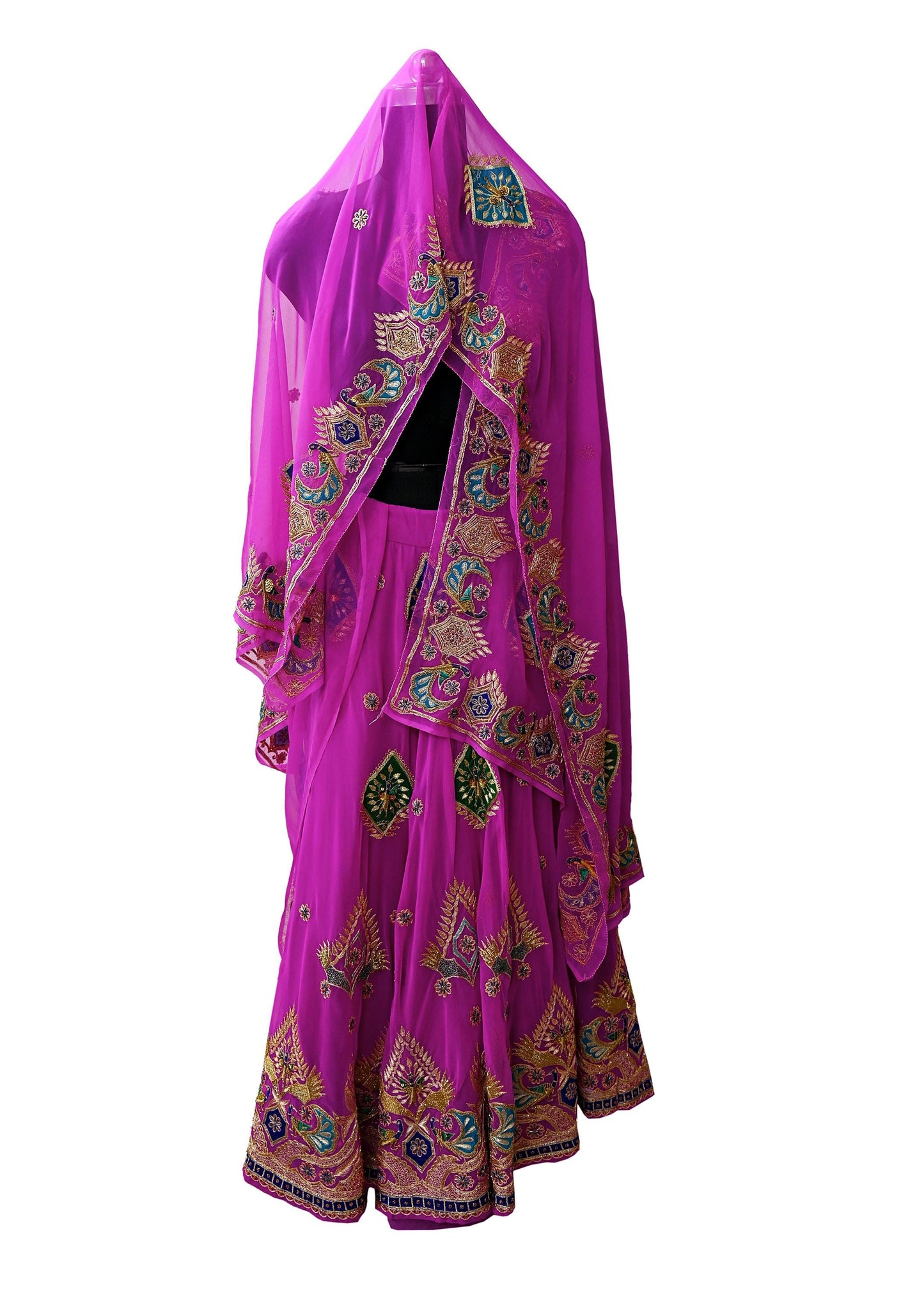 Indian Vintage Magenta American Georgette Hand Embroidered Rajputi Phoshak Lehenga/Dupatta 2pcs Set Bridal Party Wear Peacock Design Zari