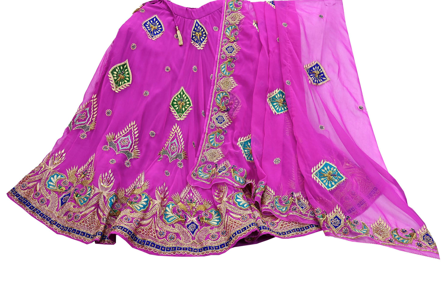 Indian Vintage Magenta American Georgette Hand Embroidered Rajputi Phoshak Lehenga/Dupatta 2pcs Set Bridal Party Wear Peacock Design Zari
