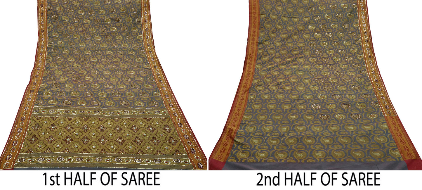 Indian Vintage Kanjivaram Saree Heavy Hand Embroidered Pure Silk Purple & Saffron Bridal Fabric 5 Yards Dress Making Bollywood Sarees