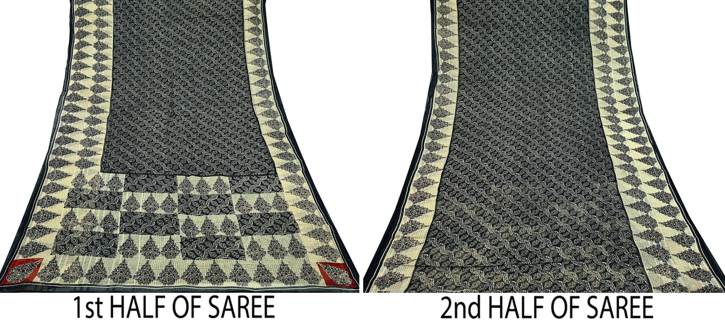 Indian Vintage Sari Beige & Black Printed Pure Cotton Sarees Fabric Floral 5Yd Sarong Wrap Boho Fabric Kimono Soft Dress making Crafting
