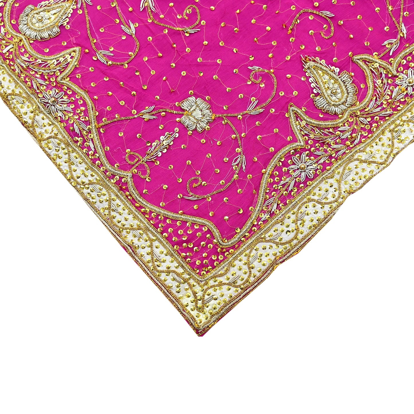 Indian Vintage Heavy Bridal Rani Pink Dupatta Pure Chiffon Silk Long Stole Hand Embroidered Scarf Zardozi Zari Sequins Wedding Veil Hijab