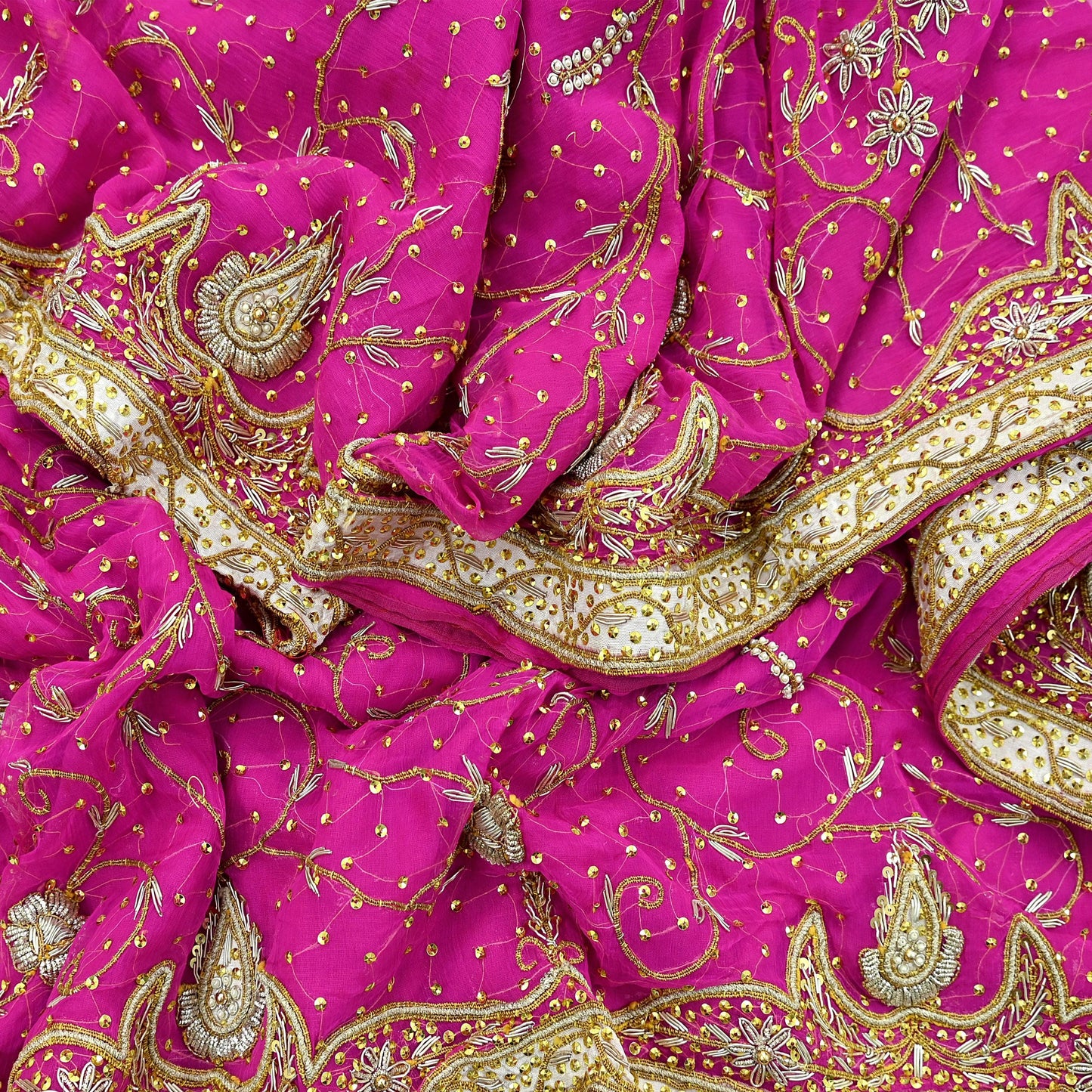 Indian Vintage Heavy Bridal Rani Pink Dupatta Pure Chiffon Silk Long Stole Hand Embroidered Scarf Zardozi Zari Sequins Wedding Veil Hijab