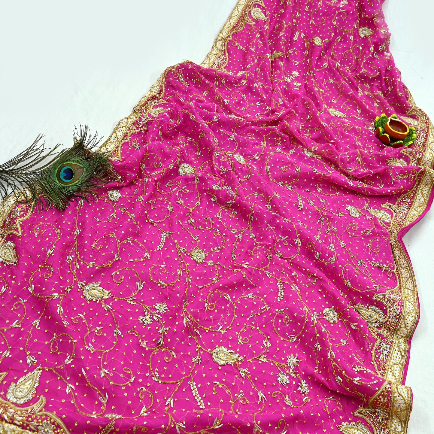 Indian Vintage Heavy Bridal Rani Pink Dupatta Pure Chiffon Silk Long Stole Hand Embroidered Scarf Zardozi Zari Sequins Wedding Veil Hijab
