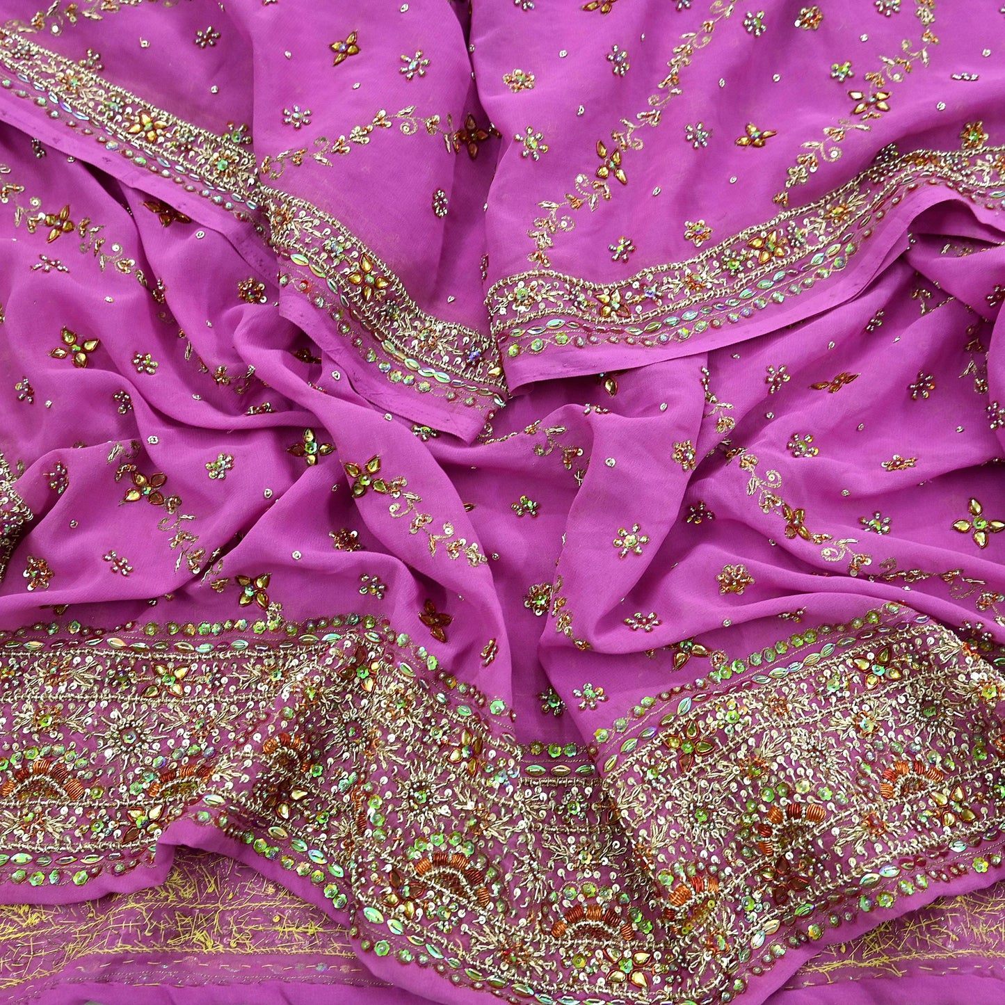 Indian Vintage Heavy Bridal Pink Dupatta Pure Georgette Silk Long Stole Hand Embroidered Scarf Zardozi/Dabka Wedding red Hijab veil Boho