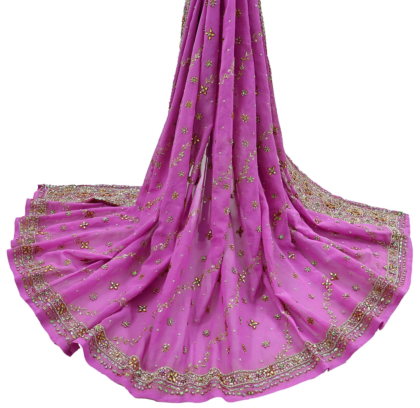 Indian Vintage Heavy Bridal Pink Dupatta Pure Georgette Silk Long Stole Hand Embroidered Scarf Zardozi/Dabka Wedding red Hijab veil Boho