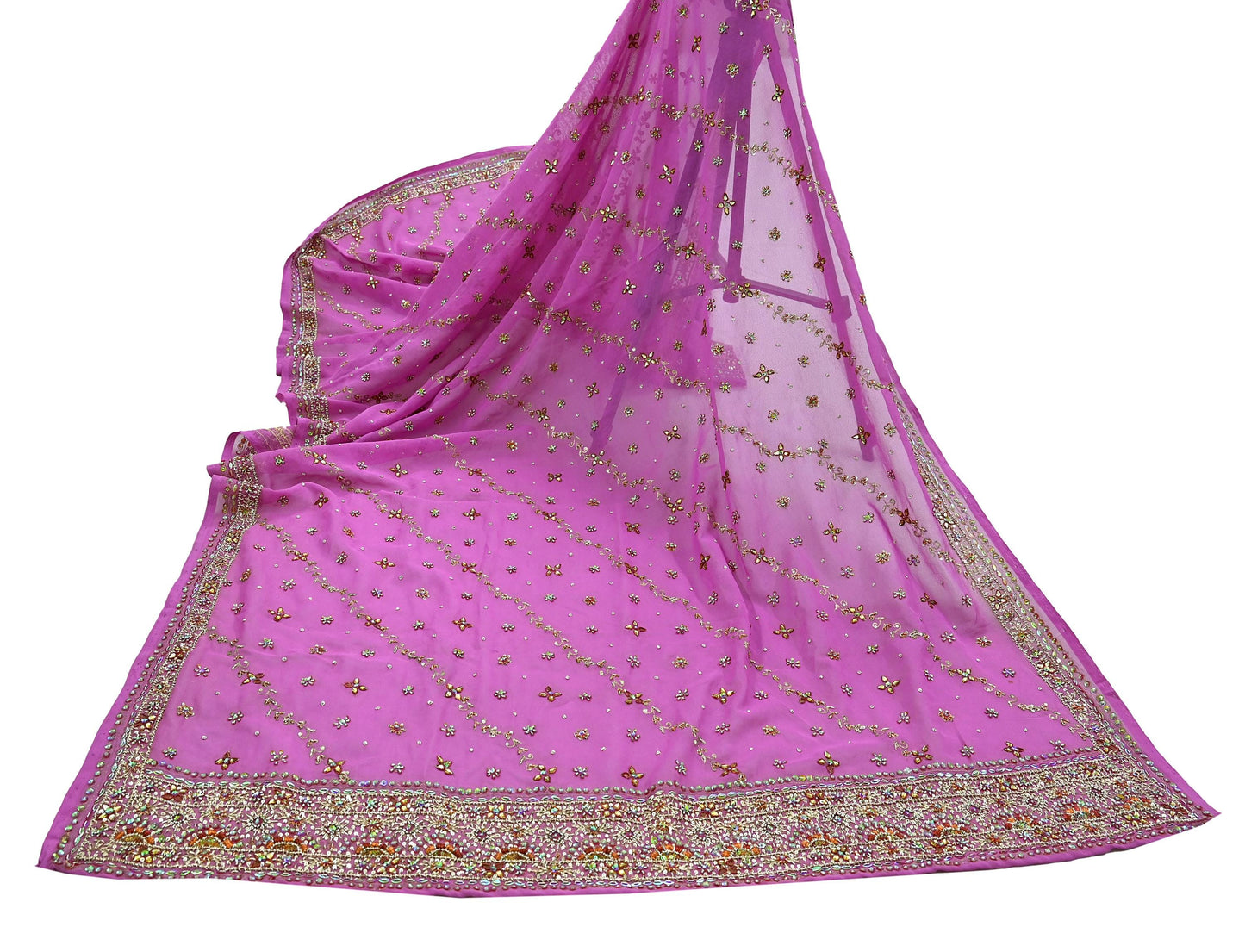 Indian Vintage Heavy Bridal Pink Dupatta Pure Georgette Silk Long Stole Hand Embroidered Scarf Zardozi/Dabka Wedding red Hijab veil Boho