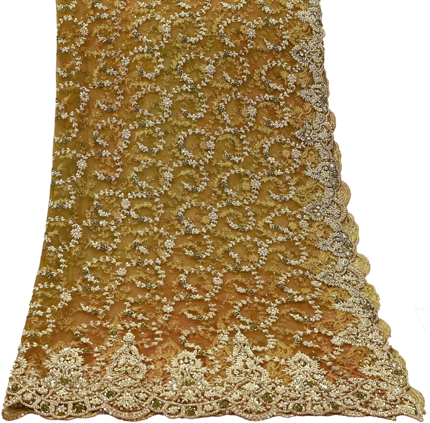 Indian Vintage Heavy Wedding Green Dupatta Net Mesh Long Stole Hand Embroidered Scarves Golden Zardozi Zari Sequins Dridal Veil Hijab