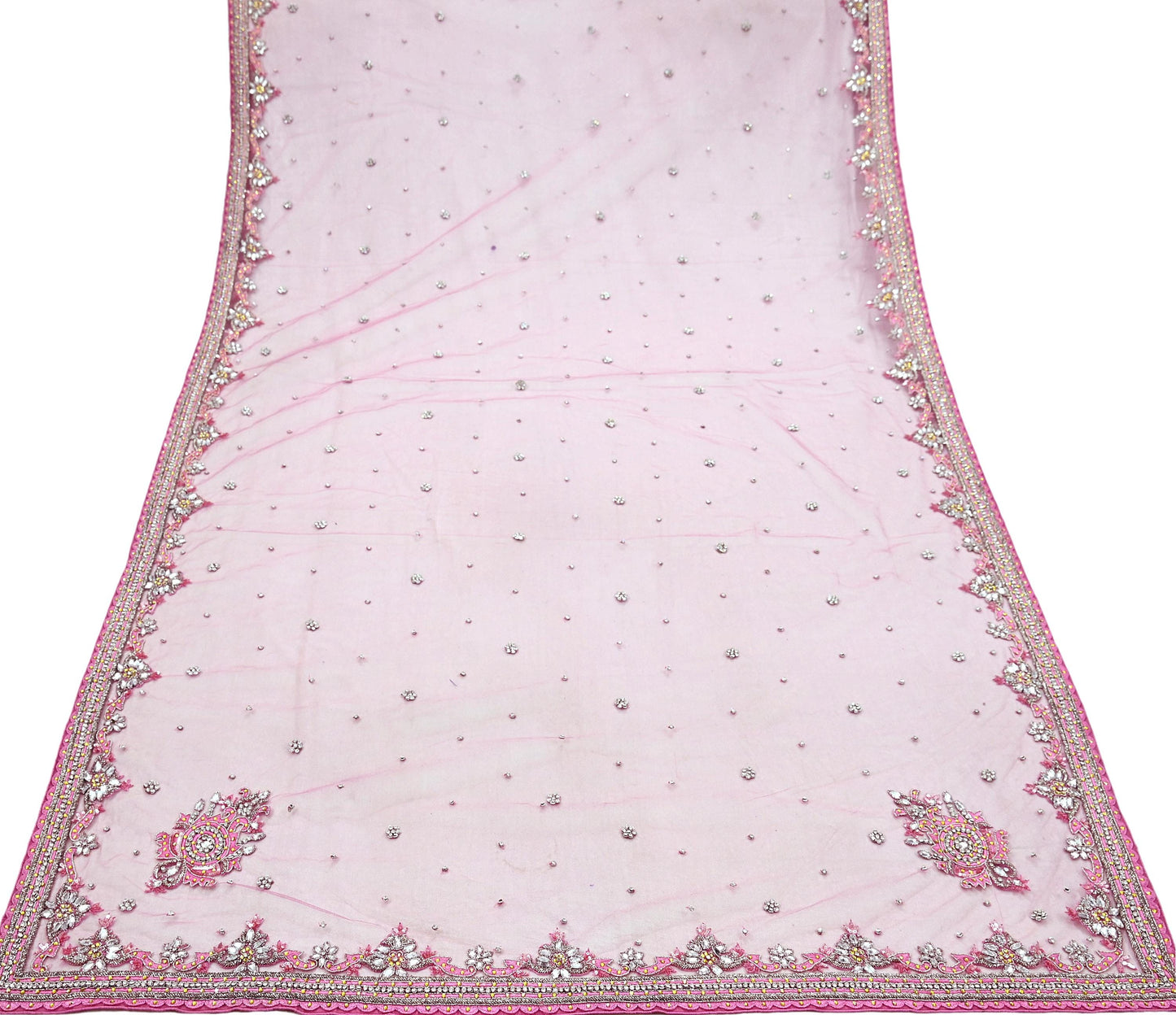 Indian Vintage Heavy Bridal Pink Dupatta Net Mesh Long Stole Hand Embroidered Scarves Golden Zardozi Dabka Zari Sequins Wedding Veil Hijab