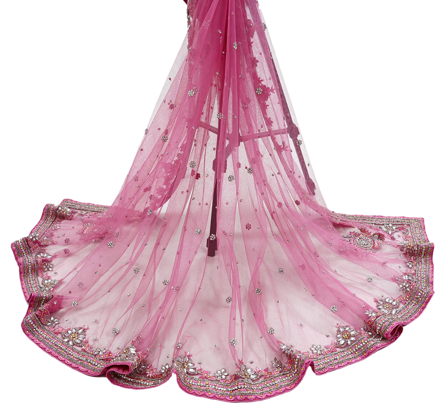 Indian Vintage Heavy Bridal Pink Dupatta Net Mesh Long Stole Hand Embroidered Scarves Golden Zardozi Dabka Zari Sequins Wedding Veil Hijab