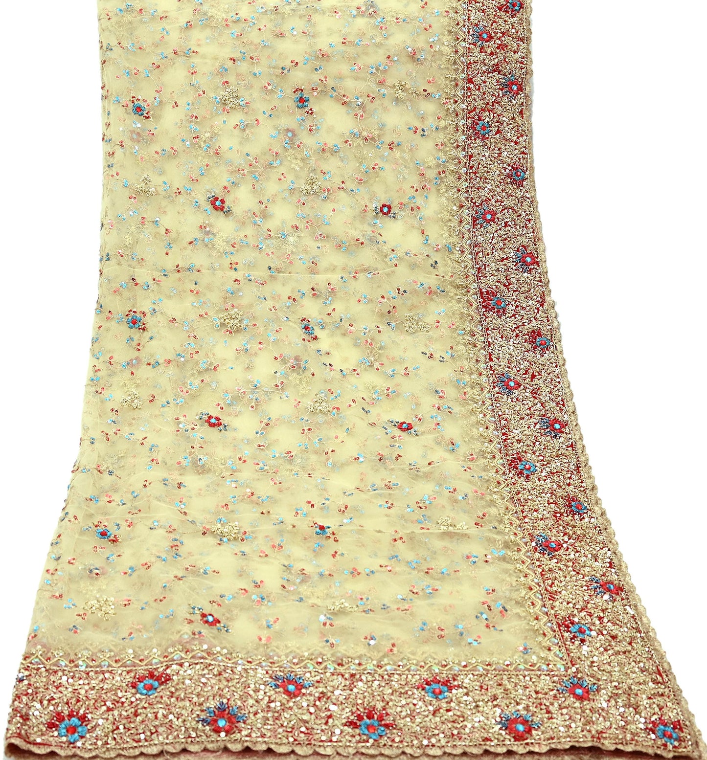 Indian Vintage Heavy Ivory Dupatta Net Mesh Long Stole Hand Embroidered Scarves Golden Zardozi Dabka Zari Wedding/Bridal Veil