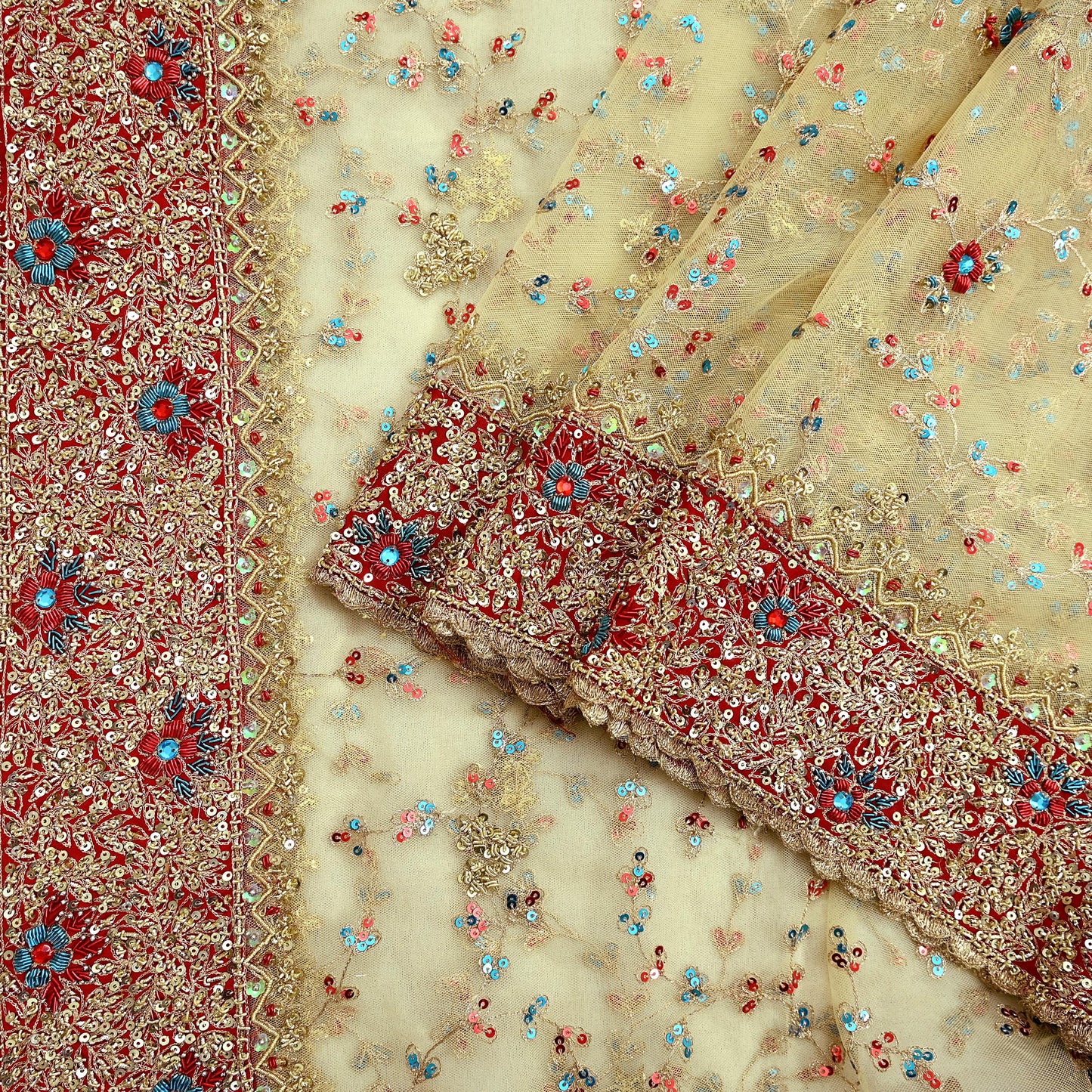 Indian Vintage Heavy Ivory Dupatta Net Mesh Long Stole Hand Embroidered Scarves Golden Zardozi Dabka Zari Wedding/Bridal Veil