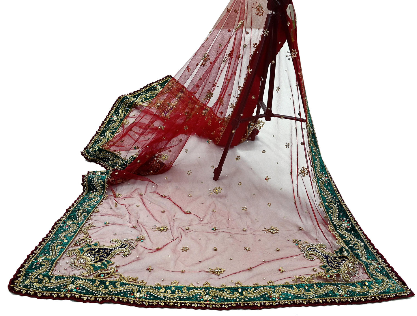 Indian Vintage Heavy Wedding Maroon Dupatta Net Mesh Long Stole Hand Embroidered Scarves Golden Zardozi Zari Sequins Dridal Veil Hijab