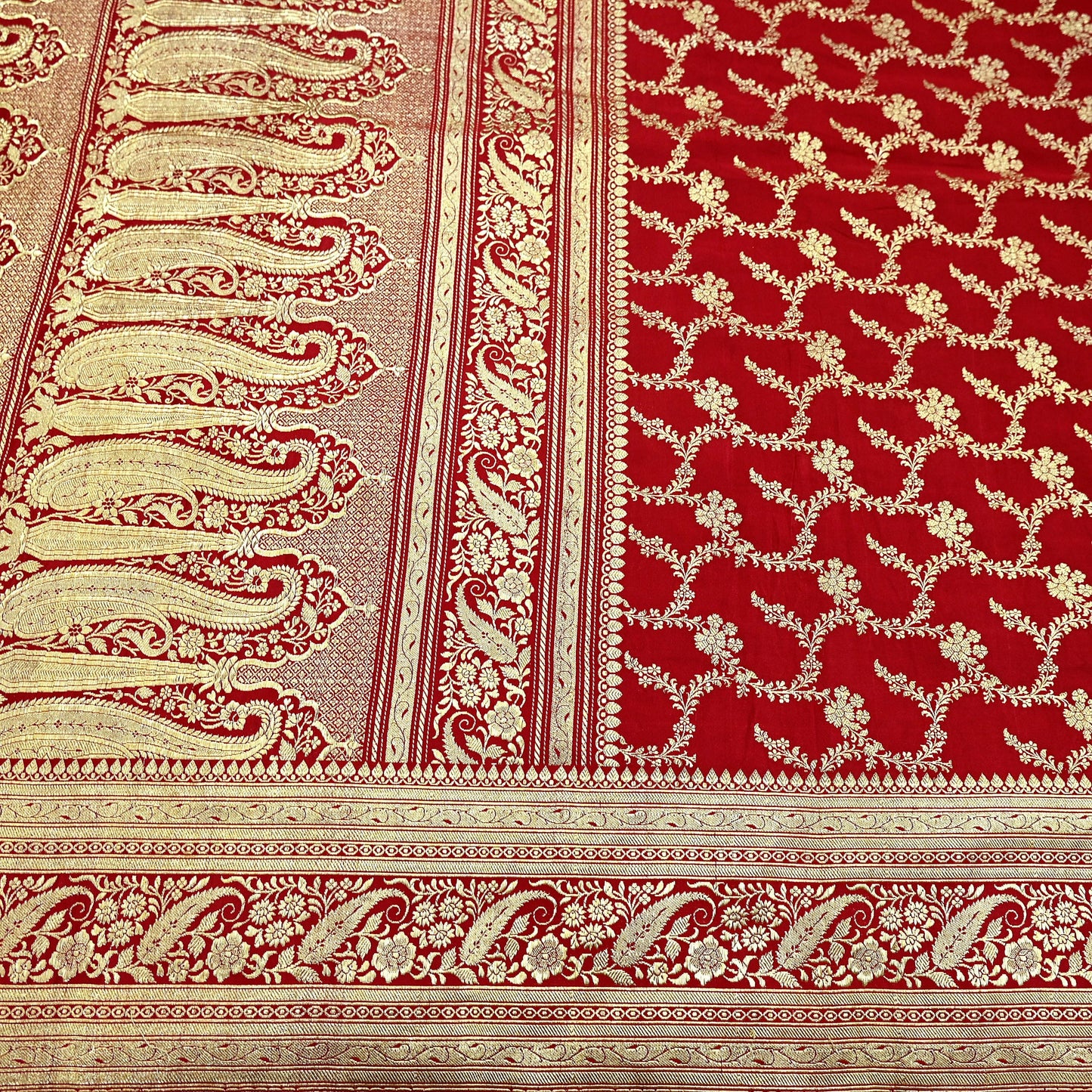Indian Vintage Sari Red Heavy Wedding Pure Satin Silk Woven Banarasi Brocade Saree Zari 5Yd Craft Fabric Ethnic Dress making Crafting