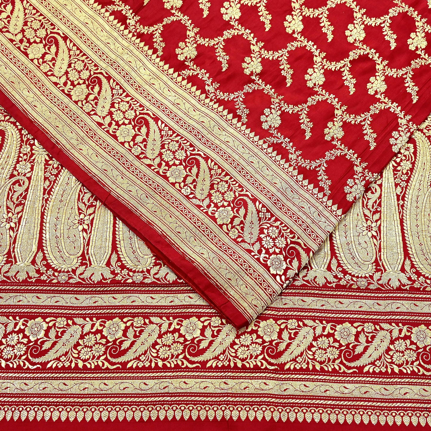 Indian Vintage Sari Red Heavy Wedding Pure Satin Silk Woven Banarasi Brocade Saree Zari 5Yd Craft Fabric Ethnic Dress making Crafting