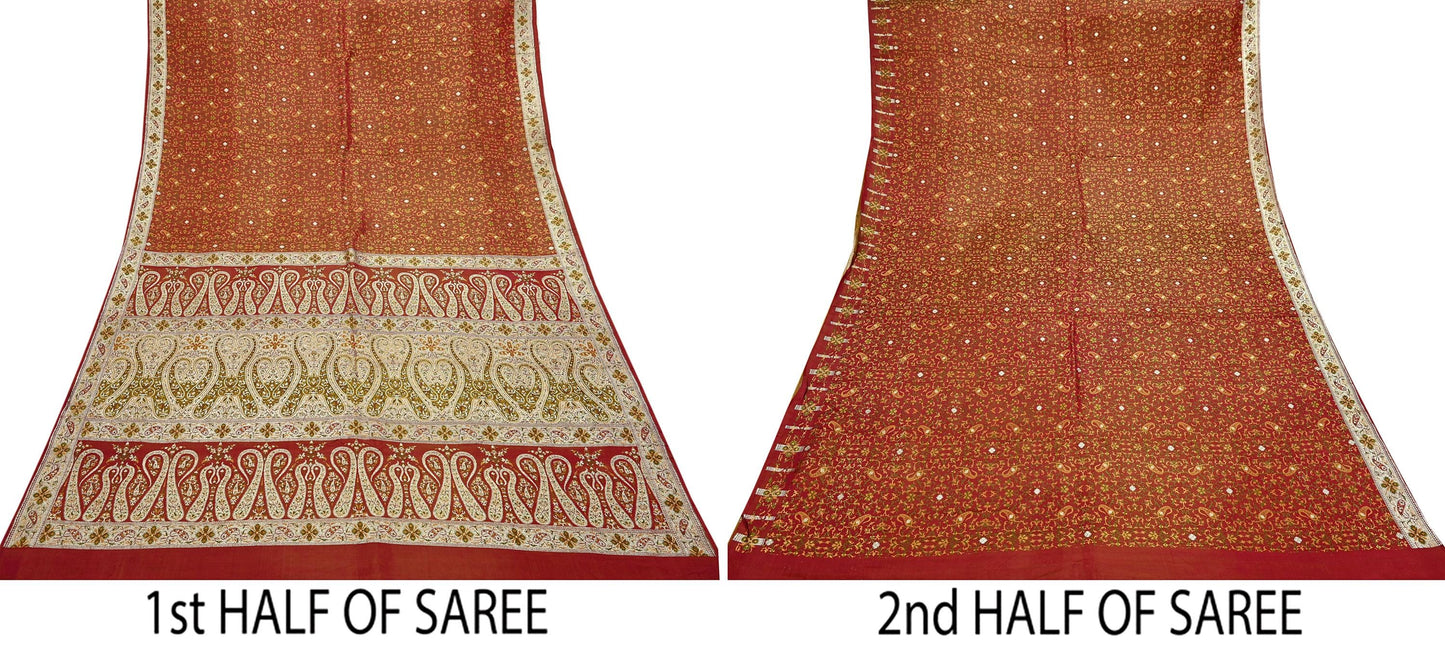 Indian Vintage Sari Maroon Heavy Wedding Pure Satin Silk Woven Banarasi Tanchoi Saree 5Yd Ethnic Craft Fabric Upcycle Bridal Heavy Sarees