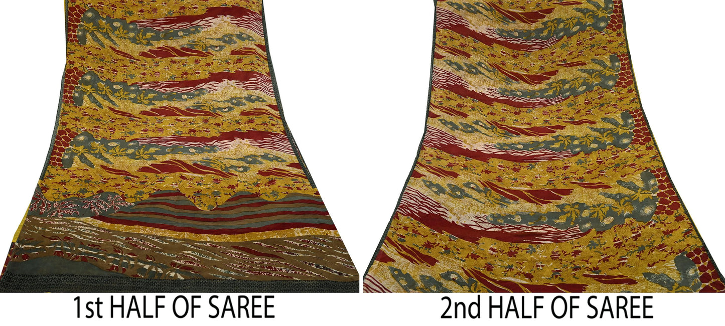 Indian Vintage Saree Pure Georgette Silk Printed Sari Craft Fabric Sewing 5Yd Soft Light Dress Making Floral