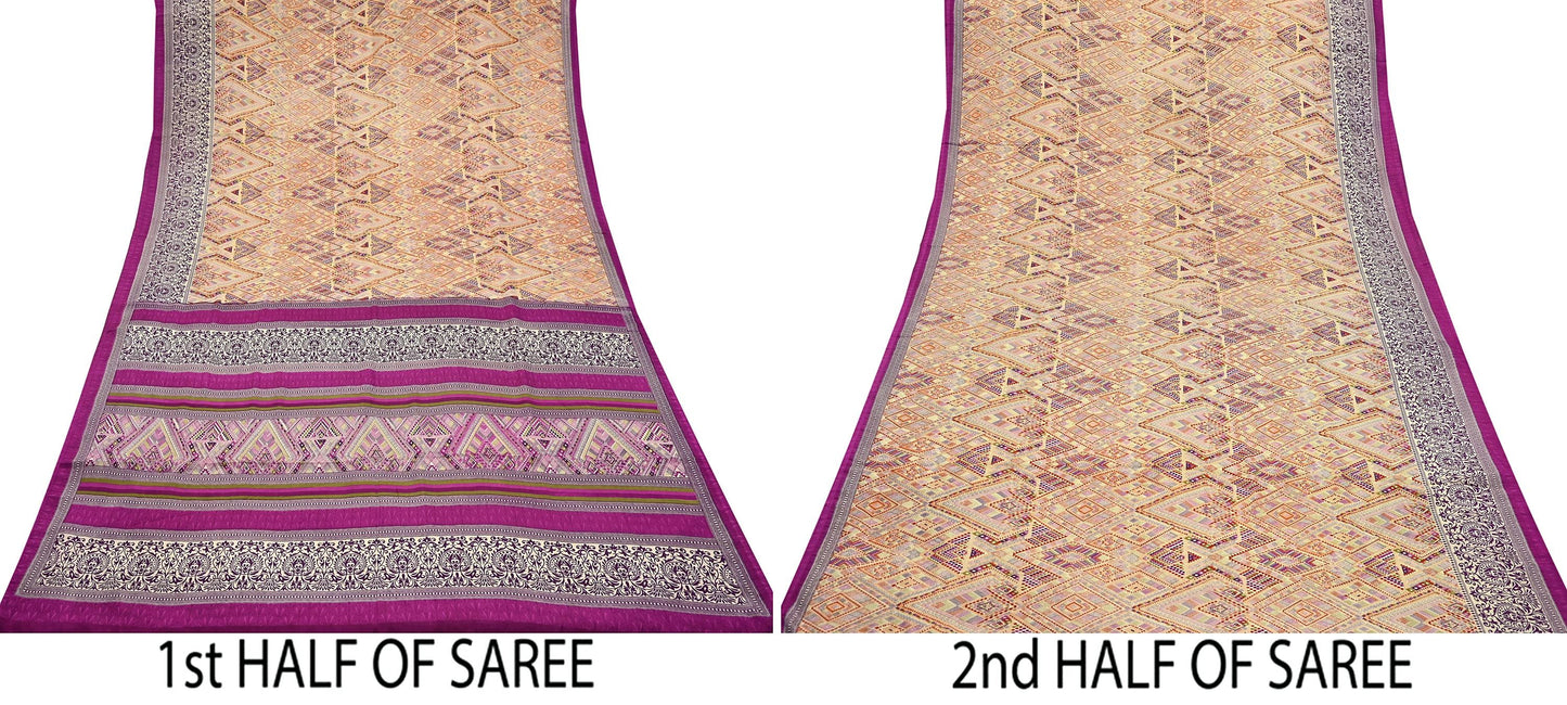 Indian Vintage Saree Purple & Beige Moss Crepe Printed Sari | 5 Yards | Floral Soft Fabric for Sewing, Dressmaking, Crafting, Quilting